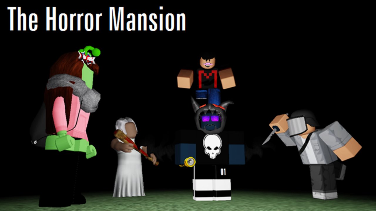 Lineup of Horror Mansion killers and cast models posed in the haunted lobby area